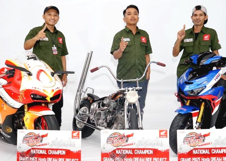 Para peraih gelar National Champions Honda Modif Contest 2022 (kiri-kanan): Gema Merdeka Goeyardi-Jakarta pemenang kategori Sport, Dewa Putu Putra Pratama-Bali modifikator terbaik kelas Free For All (FFA), dan Ruslan-Makassar, terbaik pada kelas Matic & Cub.(ist)