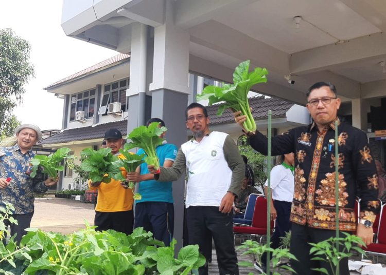 Kepala Dinas Tanaman Pangan dan Hortikultura Provinsi Kalbar, Florentinus Anum (kanan) menunjukkan hasil Program Smart Farming Garden.(ist)