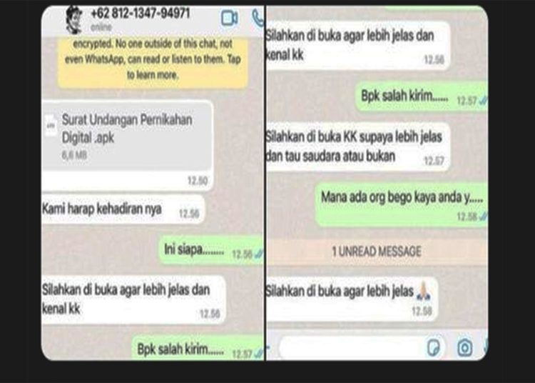 Modus pembobolan m-banking melalui dokumen APK menggunakan WhatsApp dengan menyebarkan surat undangan pernikahan. (twitter @txtfrombrand)