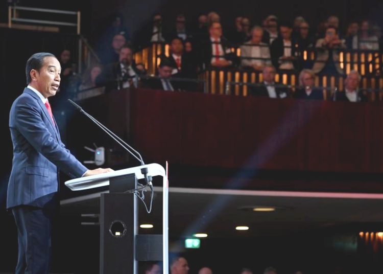 Presiden RI Jokowi pada pembukaan Hannoder Messe 2023 di Hannover, Jerman, Minggu.