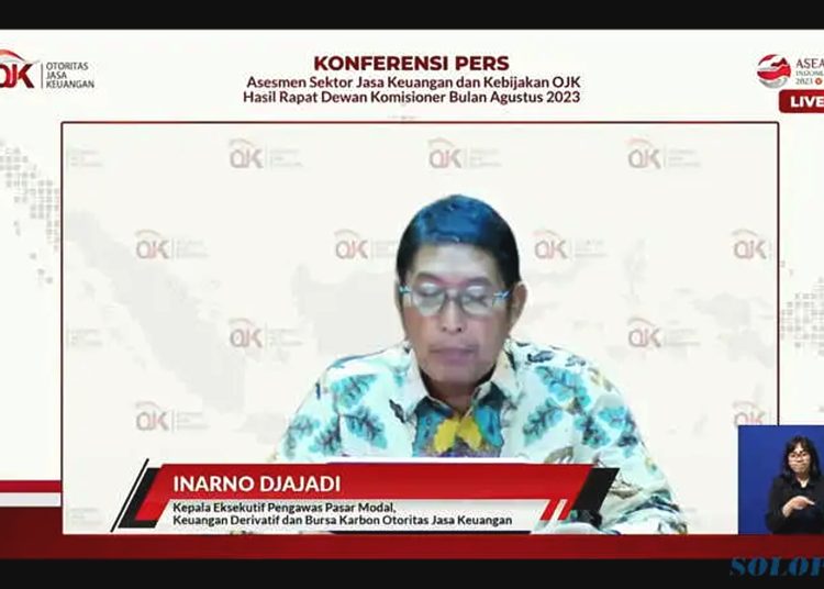 Kepala Eksekutif Pengawas Pasar Modal, Keuangan Derivatif dan Bursa Karbon Orotitas Jasa Keuangan (OJK) Inarno Djajadi saat konferensi pers Rapat Dewan Komisioner Bulanan (RDKB) OJK Agustus 2023 secara daring, Selasa.(youtube)