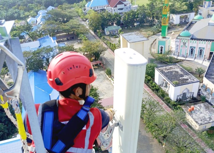 Teknisi XL Axiata sedang melakukan pemeliharaan perangkat BTS (Base Transceiver Station) di sebuah tower di Desa Bente, Kecamatan Bungku Tengah, Kabupaten Morowali, Sulawesi Tengah. (ist)