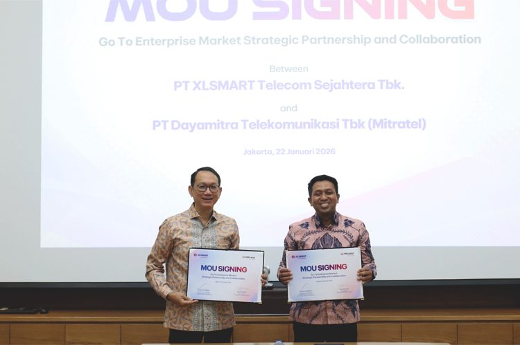 Andrijanto Muljono, Director & Chief Enterprise Strategic Relationship Officer XLSMART dan Agus Winarno, Direktur Bisnis Mitratel usai penandatanganan Nota Kesepahaman (MoU) kemitraan strategis XLSMART for Business dengan Mitratel di Jakarta. (ist).