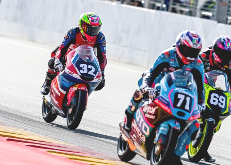 Pebalap binaan PT Astra Honda Motor (AHM), M. Kiandra Ramadhipa jadi pebalap terkencang kedua pada race 1 dan finish posisi keempat pada race dua Moto3 Junior World Championship di MotorLand Aragón, Spanyol, Minggu. (ist)