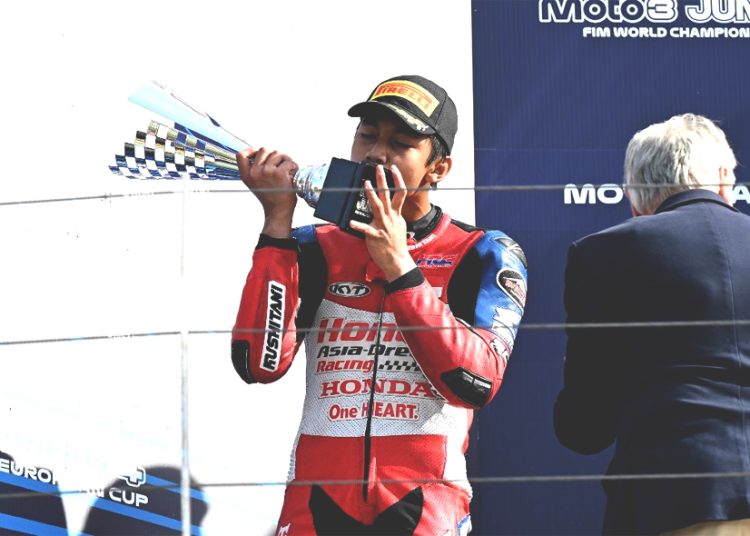 M. Kiandra Ramadhipa meraih podium kedua pada race 2 putaran terakhir FIM Moto3 Junior World Championship 2026 di Misano World Circuit Marco Simoncelli, Italia, Minggu. (ist)